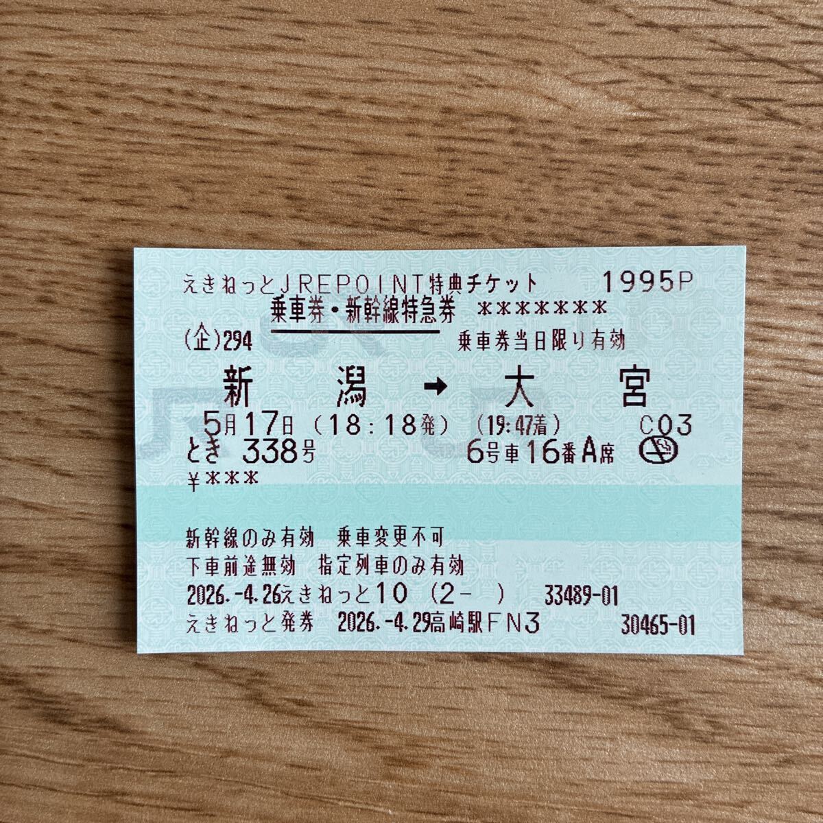 WEST.ライブ日5/17 新潟→大宮 新幹線チケット 18:18発 19：47着(乗車