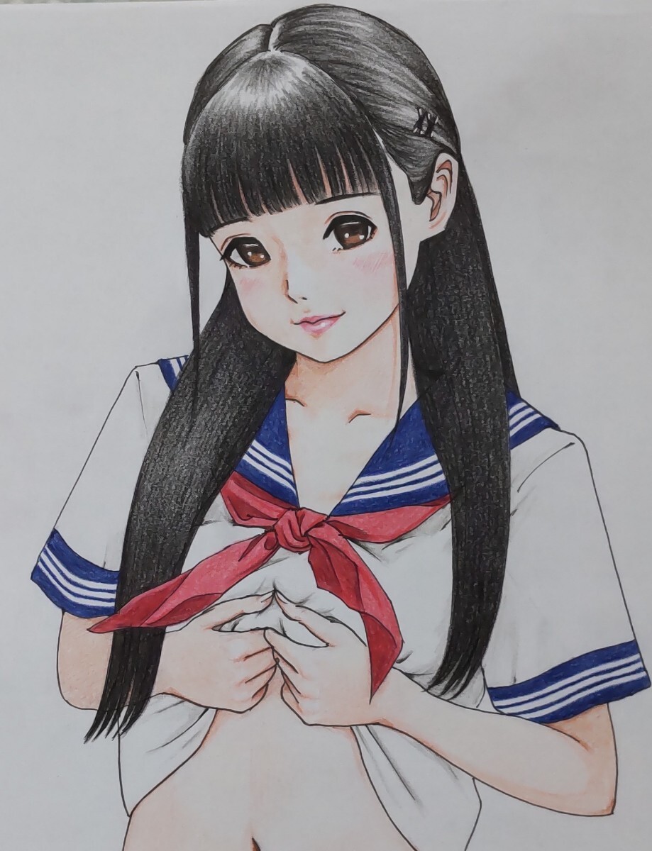 手描きイラスト 原画 色鉛筆画A4サイズ セーラー服 制服 スカーフ 黒髪