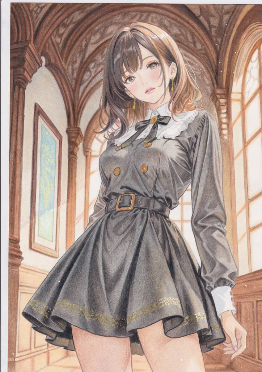 手描き オリジナル イラスト 茶髪 ストレート ロングヘアー ドレス