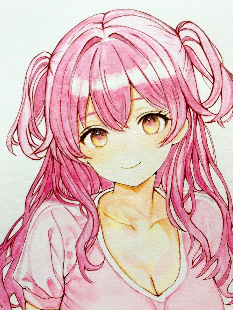 手描きイラスト スポーツ女子 ピンク髪 色鉛筆画 巨乳 美少女 A4