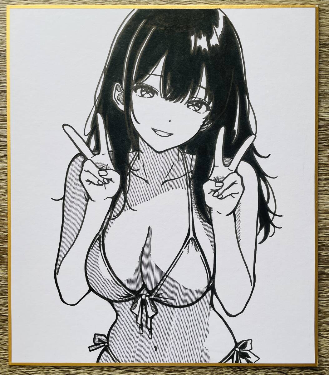 オリジナル 手描きイラスト アナログ 小色紙 可愛い女の子 水着ビキニ
