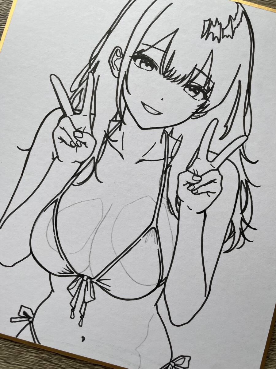 S*き様 中色紙サイズ＊手描きイラスト色紙 オリジナル 女の子 水着 オリジナル 手描きイラスト アナログ 小色紙 可愛い女の子 水着ビキニ