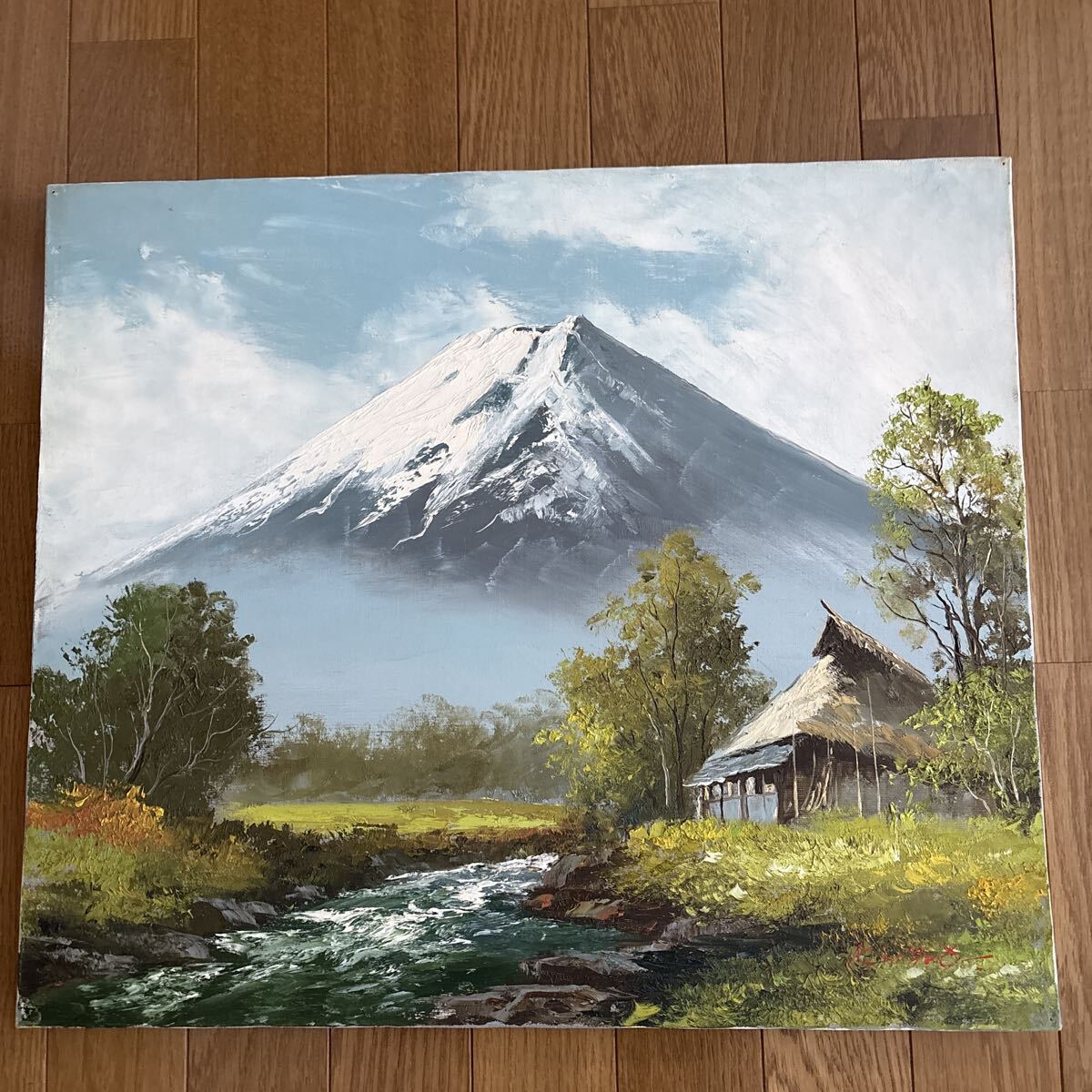 作者不明 油絵 風景画 富士山 山小屋 川 自然画 絵画(自然、風景画