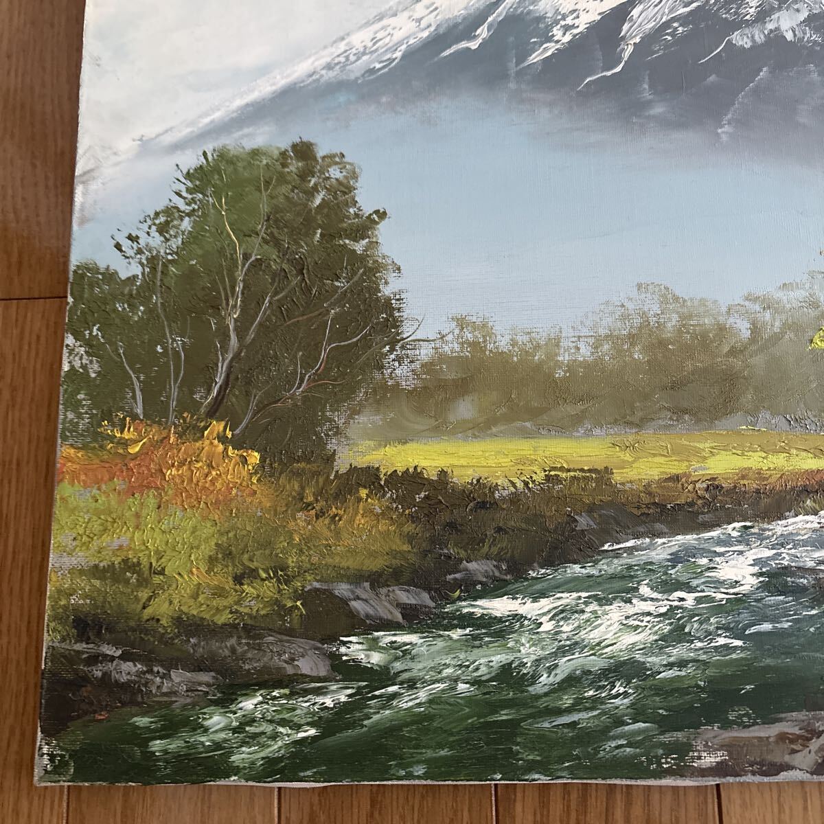 作者不明 油絵 風景画 富士山 山小屋 川 自然画 絵画(自然、風景画