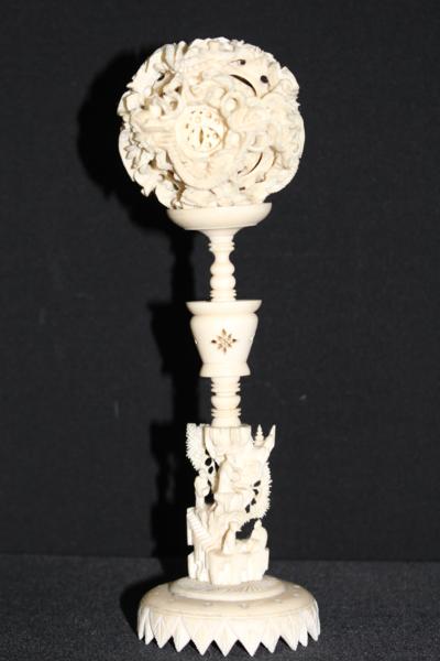 EX12073 本象牙 天球 置物 多重層 細密透彫 重量 約109g