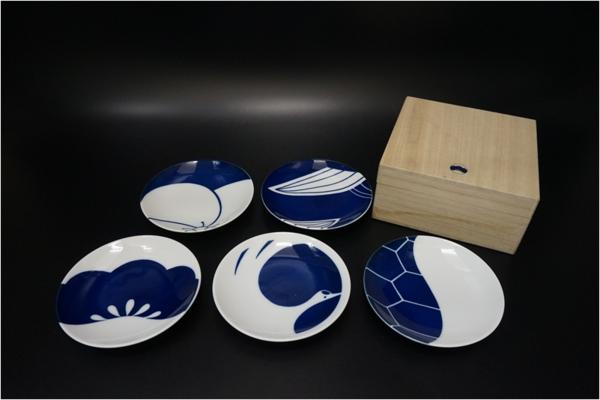 ★NA★たち吉 吉祥 鶴亀松竹梅 陶器 皿 5枚 箱付 / 食器 橘吉