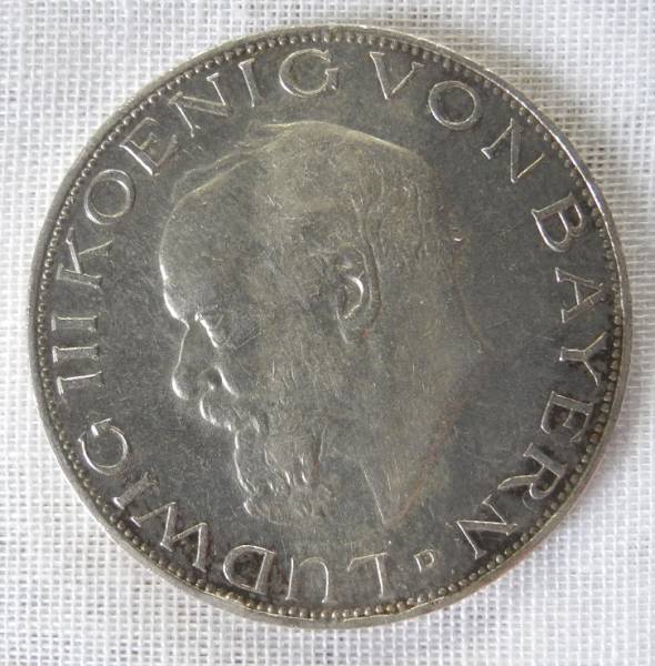 ドイツ バイエルン 3マルク銀貨 1914年 ルートヴィヒ3世 美品 招*@様