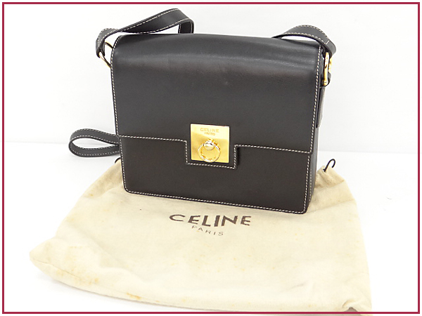 1円 本物 セリーヌ レザー ショルダーバッグ 黒系 保存袋付き