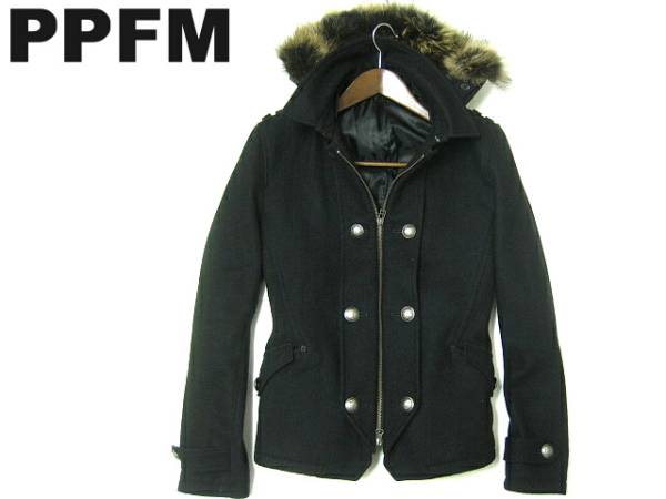 ▽ PPFM ファー付き メルトン ピーコート 黒 ナポレオン PPFM 【公式通販】