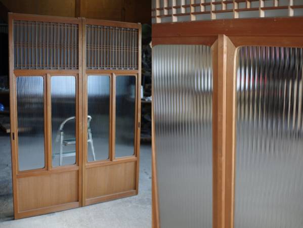 組子とモールガラス戸2枚組▽アンティーク建具昭和レトロカフェ