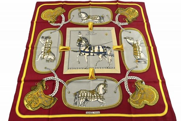 1円 エルメス●シルク100％ スカーフ 盛装の馬 レッド 赤(18475