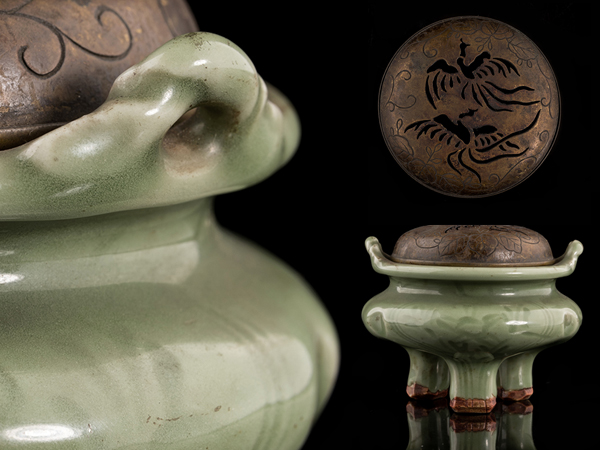 中国美術　龍泉窯　青磁　香炉　三足　古美術　骨董　骨董品　中国骨董 龍泉窯 青磁三足香炉 博物館展示品 来歴有 宋時代 0 龍泉三