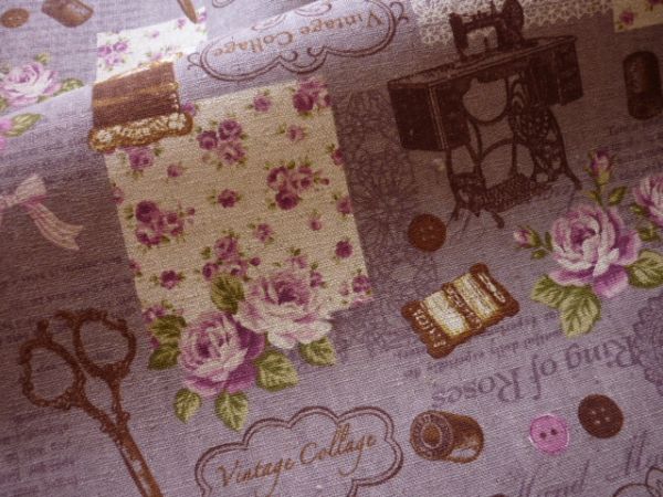 布地ws*6.1m♪ソーイングコラージュ柄綿麻/薄むらさき