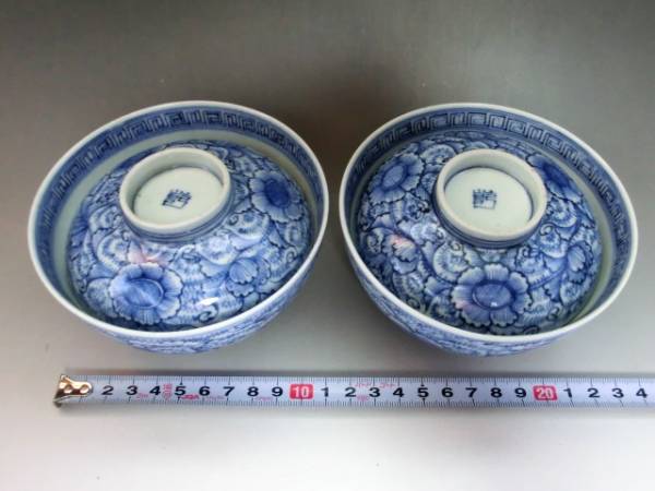 有田焼 古伊万里 染錦染付唐花草 蓋付き茶碗 5客 蓋茶碗