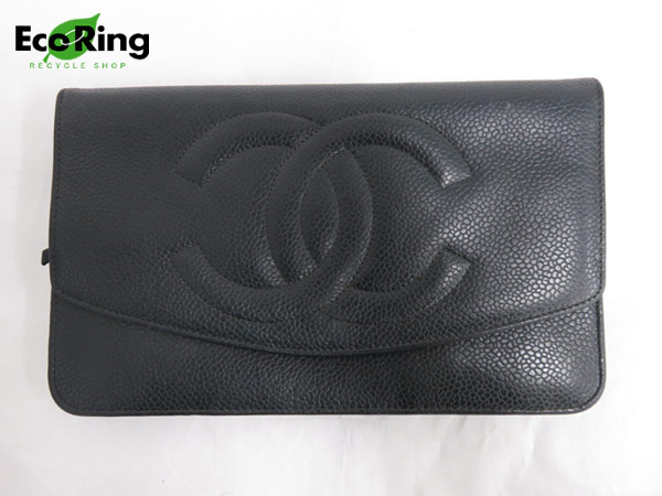 ▲1円 シャネル キャビア スキン 二つ折り 長財布 カーキGC516