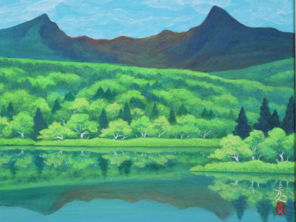 都屋】杉原元人「山湖早春」F6号日本画 共シール 真筆保証品 吉村鳳柳