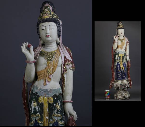 ▲留伝▲　仏像　木彫加彩　観音像　清朝時代　中国