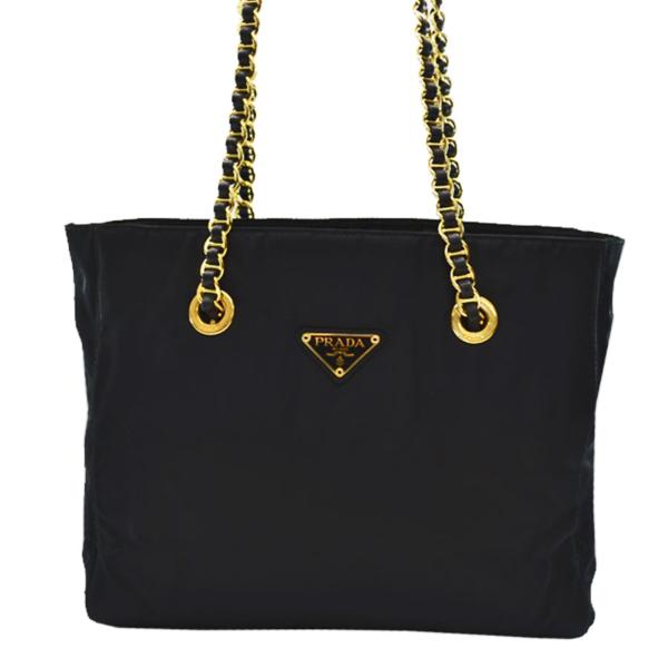 プラダ/チェーンx三角プレート/ショルダーバッグ/ナイロン/黒