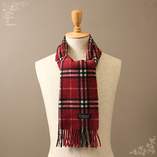 美品*BURBERRY/バーバリー/カシミア100%チェック柄マフラー/赤 極美品