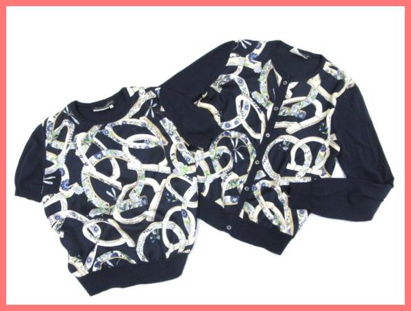 4740★フェラガモ ツイン ニットセット 紺系/スカーフ柄/XS