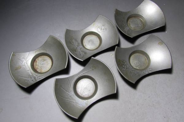 【雅】古錫　図替わり分銅形茶托五客②　煎茶道具