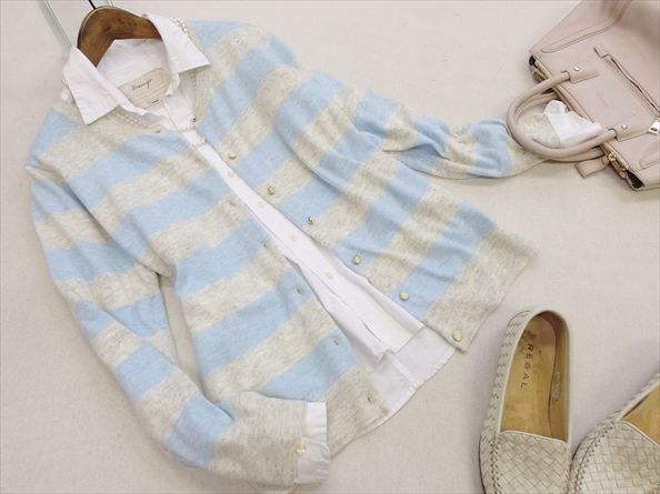 新品*アフタヌーンティー*春色ボーダー柄カーディガンＬ/N90