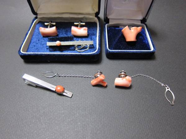 珊瑚　タイピン　カフス　大振り　セット　SILVER◆コーラル