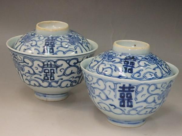 □中国陶器【染付唐草文 蓋付碗 8客】在銘 直径10.5cm 染付唐草文茶碗