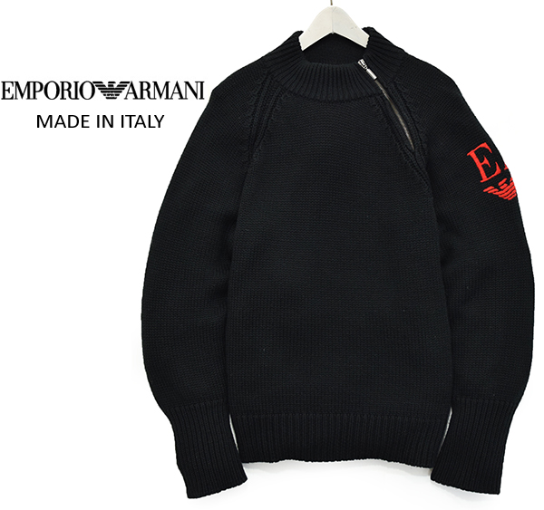 伊製 アルマーニ ARMANI 刺繍入り ジップ付 高級ニットセーター