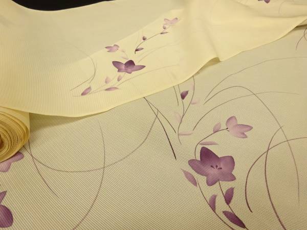 ★オフホワイトに桔梗【手描き友禅／正絹夏絽小紋反物】