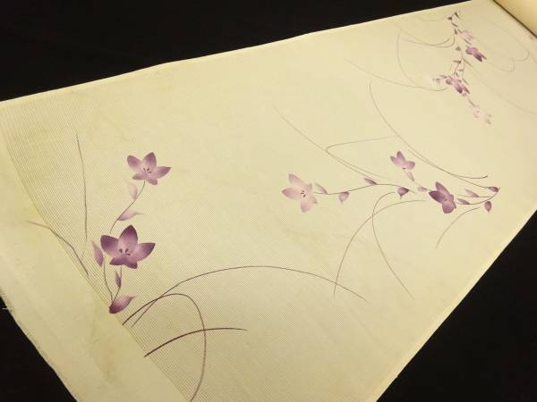 ★オフホワイトに桔梗【手描き友禅／正絹夏絽小紋反物】