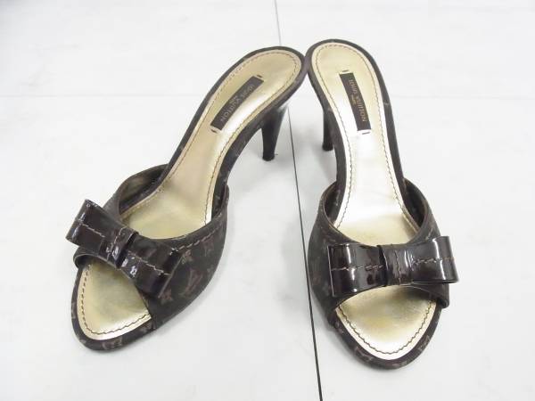 ルイヴィトン VUITTON 靴 35.5 サンダル モノグラム リボン 茶