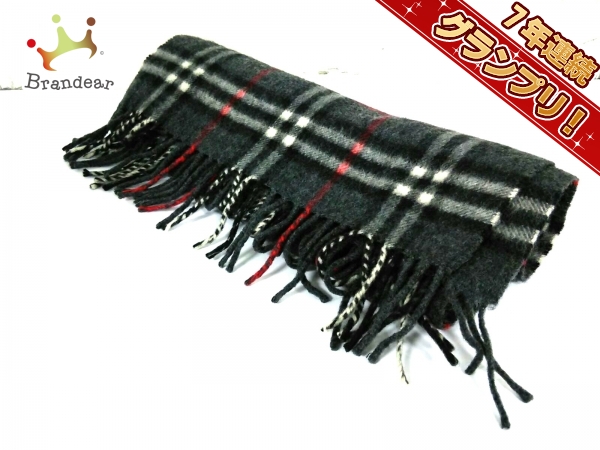 バーバリーズ マフラー 美品 ダークグレー×黒×レッド カシミヤ