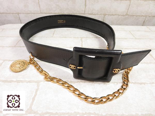 ◎シャネル CHANEL チェーン付き レザーベルト 黒×金 /LE0807 CHANEL