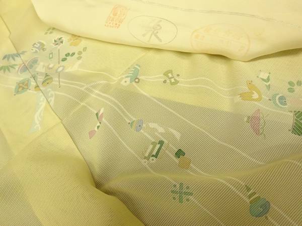 ★鈍クリーム色系に宝文様【五泉／正絹夏絽訪問着未仕立品】