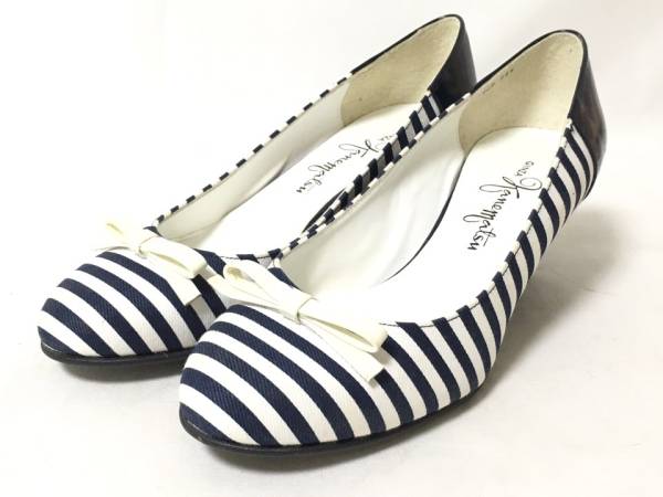 美品 銀座かねまつ ボーダー柄 ヒール パンプス 22.5㎝