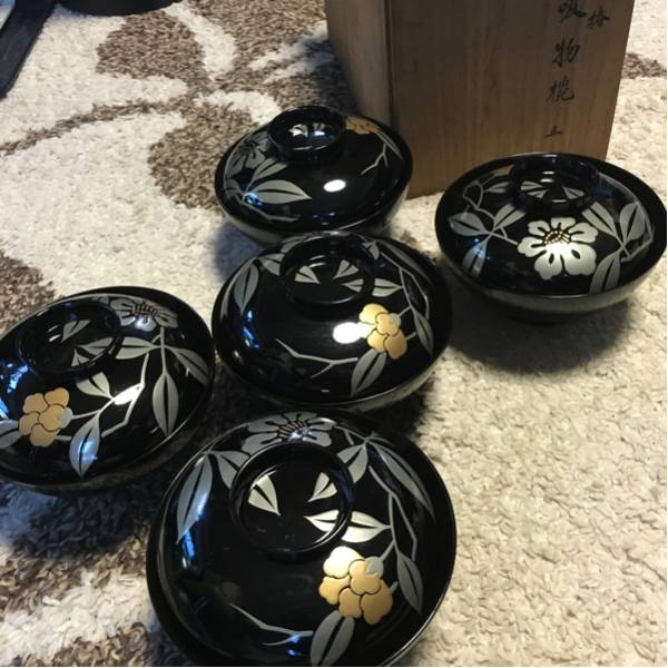 超高級 山田平安堂 銀椿 吸い物椀 蒔絵五客揃い