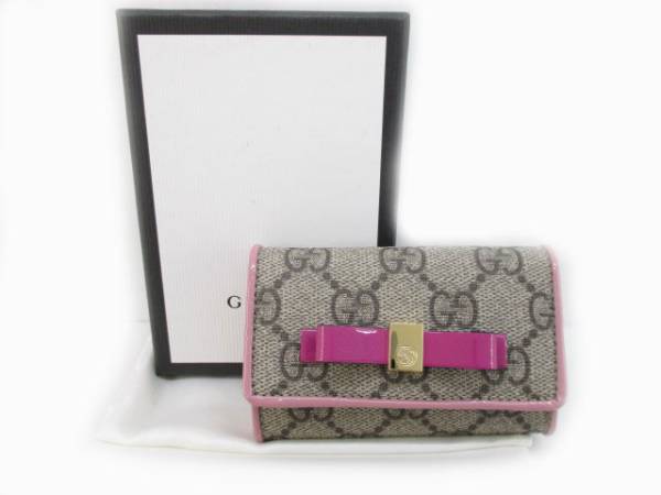 k7367 未使用◆GUCCI/グッチ GG柄リボン付き キーケース 箱有