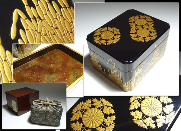 ∇花∇明治時代 御下賜品 本金蒔絵菊紋木賊図小箱 時代塗箱