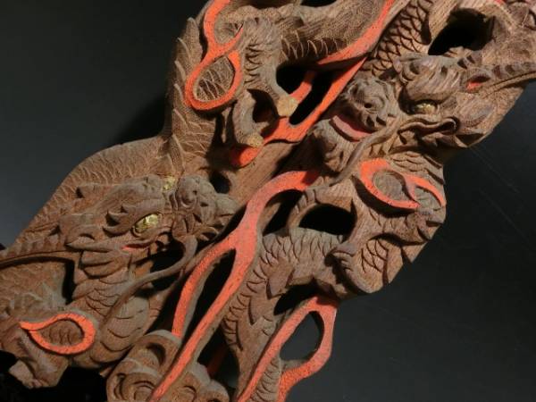 3●時代 名工後藤義光? 木彫細工阿吽龍●欄間神輿寺社