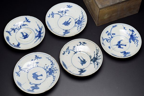 【古染付松竹梅鳥文五寸皿五枚（明末清初）箱付】 中國茶道具