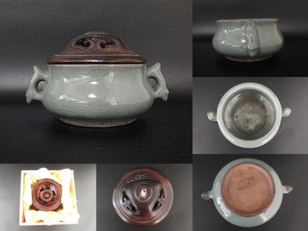 人気定番，新作登場 中国美術 清時代 青磁双耳香炉 唐木蓋付 古玩