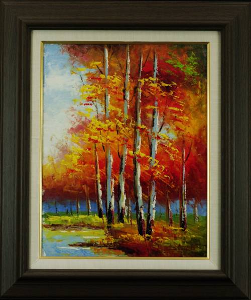 ◆東山魁夷◆白樺紅葉◆肉筆 油彩 画面サイン 裏書印譜 F6 額装