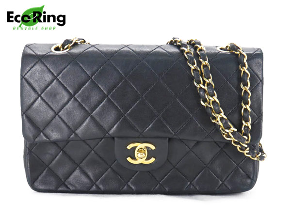 1円 シャネル ラムスキン Wフラップ ハンドバッグ ブラックHT930