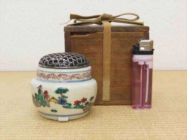 古九谷 色絵 山水文 香炉 江戸中期　検：茶道具