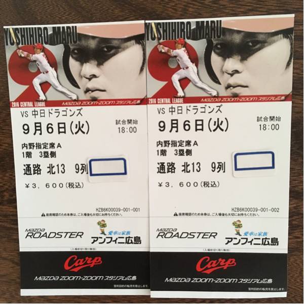 VS中日ドラゴンズ 9月6日（火）内野指定席Ａ3塁側 ペア
