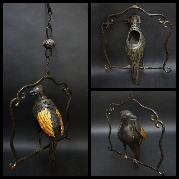 旧家蔵出 【閑寂堂】旧家蔵出時代銅製 吊インコ 塗金香炉 古美術 茶道具