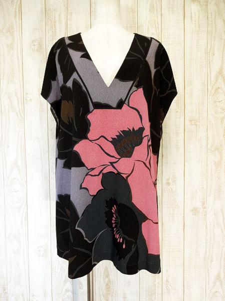 ☆美品☆詩仙堂/ちりめん大きな花柄ボックスチュニックxa479 
