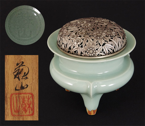 諏訪蘇山 治『諏訪蘇山』造 青磁袴腰香炉☆共箱 銀