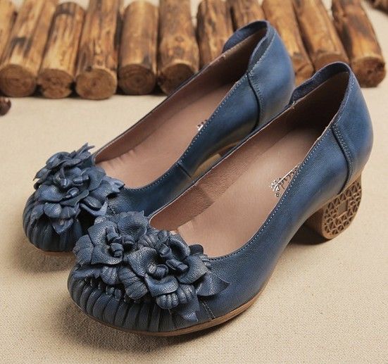 レディーチャンキ－ヒ－ルパンプス花付きa005美脚ブル－24.5